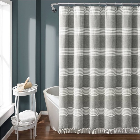 NWT Tucker Stripe Yarn Dyed Cotton Tassel Shower Curtain Gray/White - Lush Décor - Picture 3 of 6